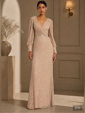 New Mac Duggal $695 Beige Wrap Over Bishop Sleeve Gown With Pearl Beading 6